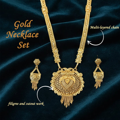 Elegant Gold-Tone Traditional Necklace & Earring Set for Festive and Bridal Wear