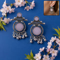 Oxidized Silver Pink Stone Earrings – Vintage Boho Style & Charm