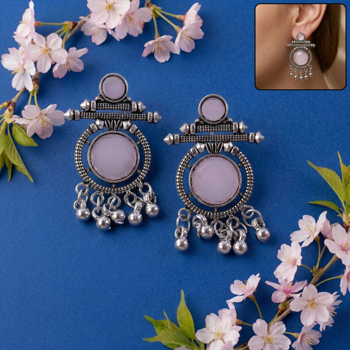Oxidized Silver Pink Stone Earrings front view
