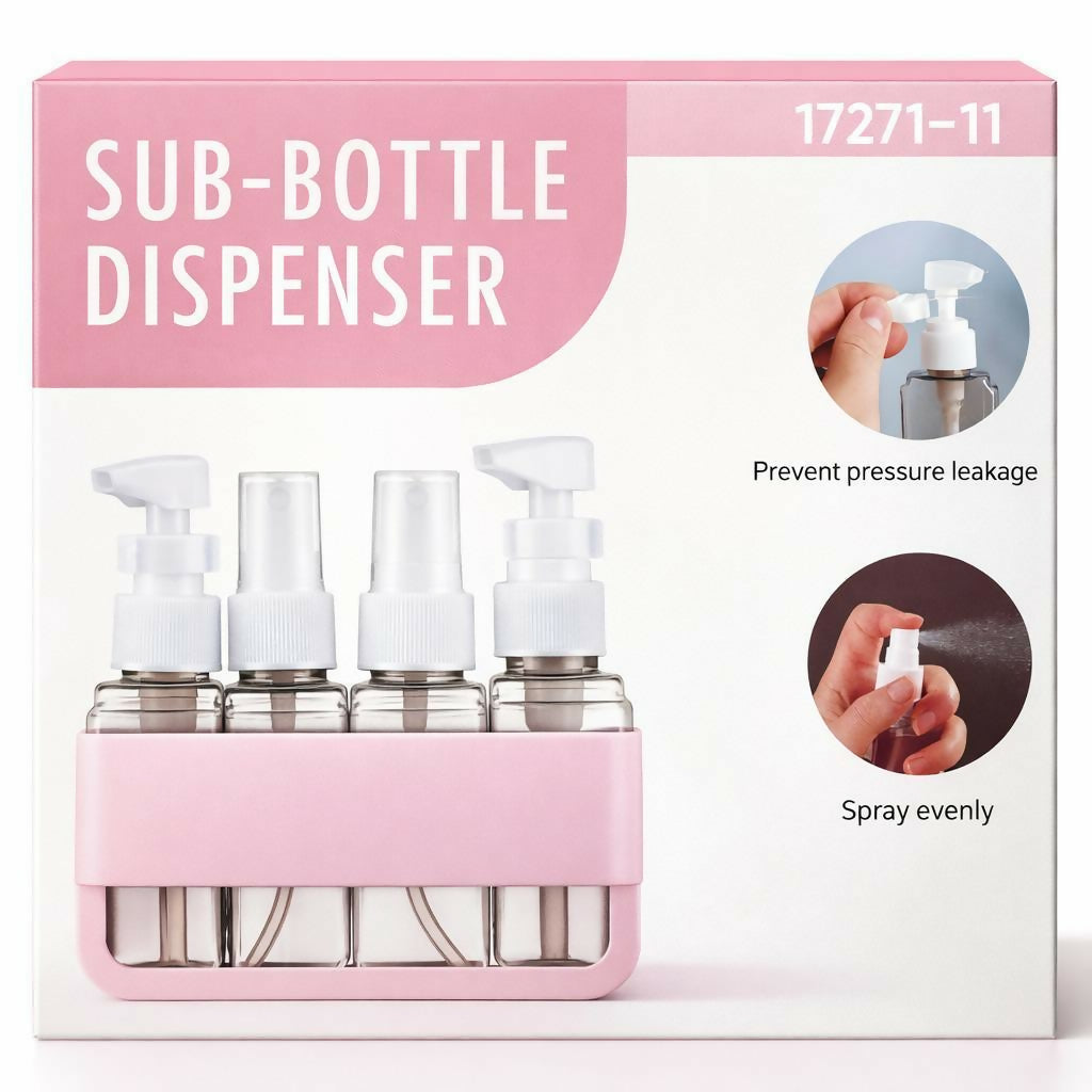 Set of travel bottles with pump and spray caps in pink