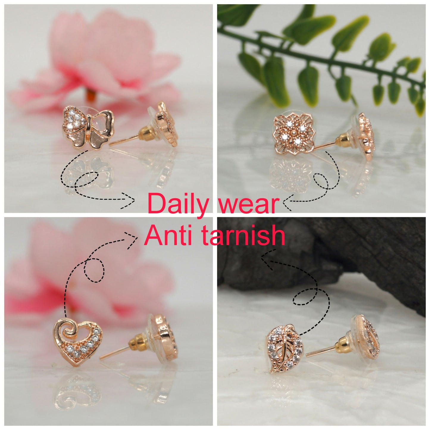 Rose Gold Plated CZ Stud Earrings Combo (4 Pairs) for women and girls