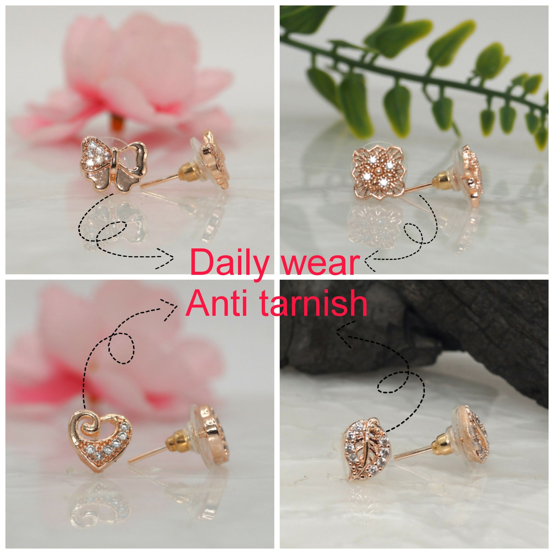 Rose Gold Plated CZ Stud Earrings Combo (4 Pairs) for women and girls