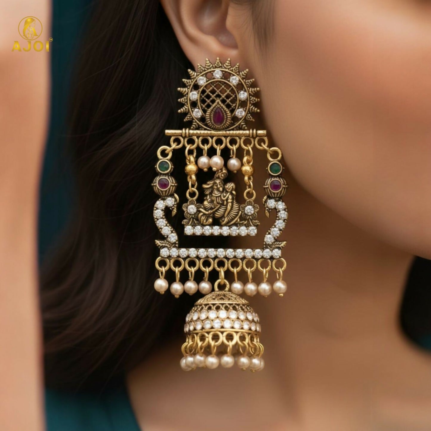 Antique Gold Finish Radha-Krishna Temple Jhumka Earring