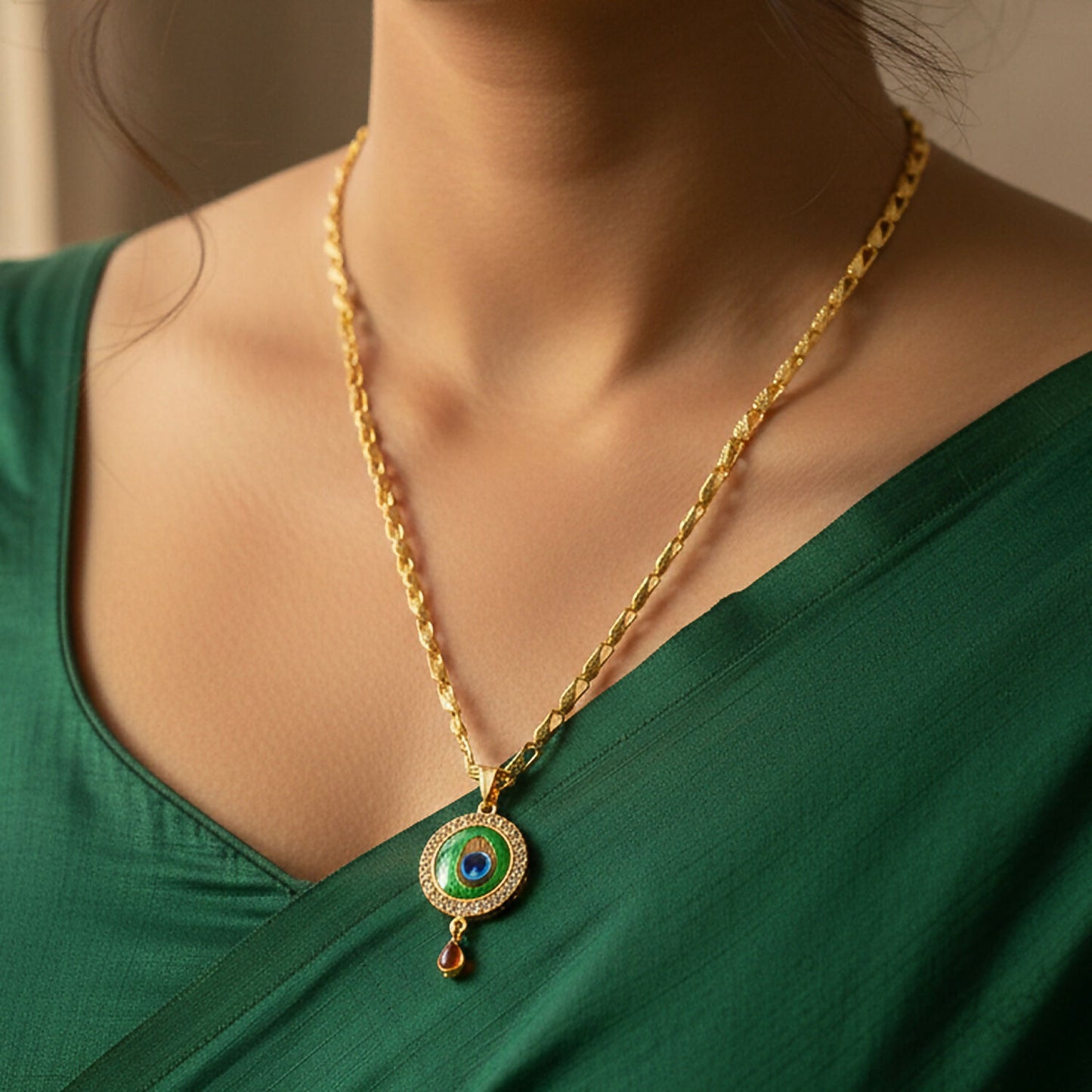 Peacock Feather Stone Pendant Gold Chain Necklace