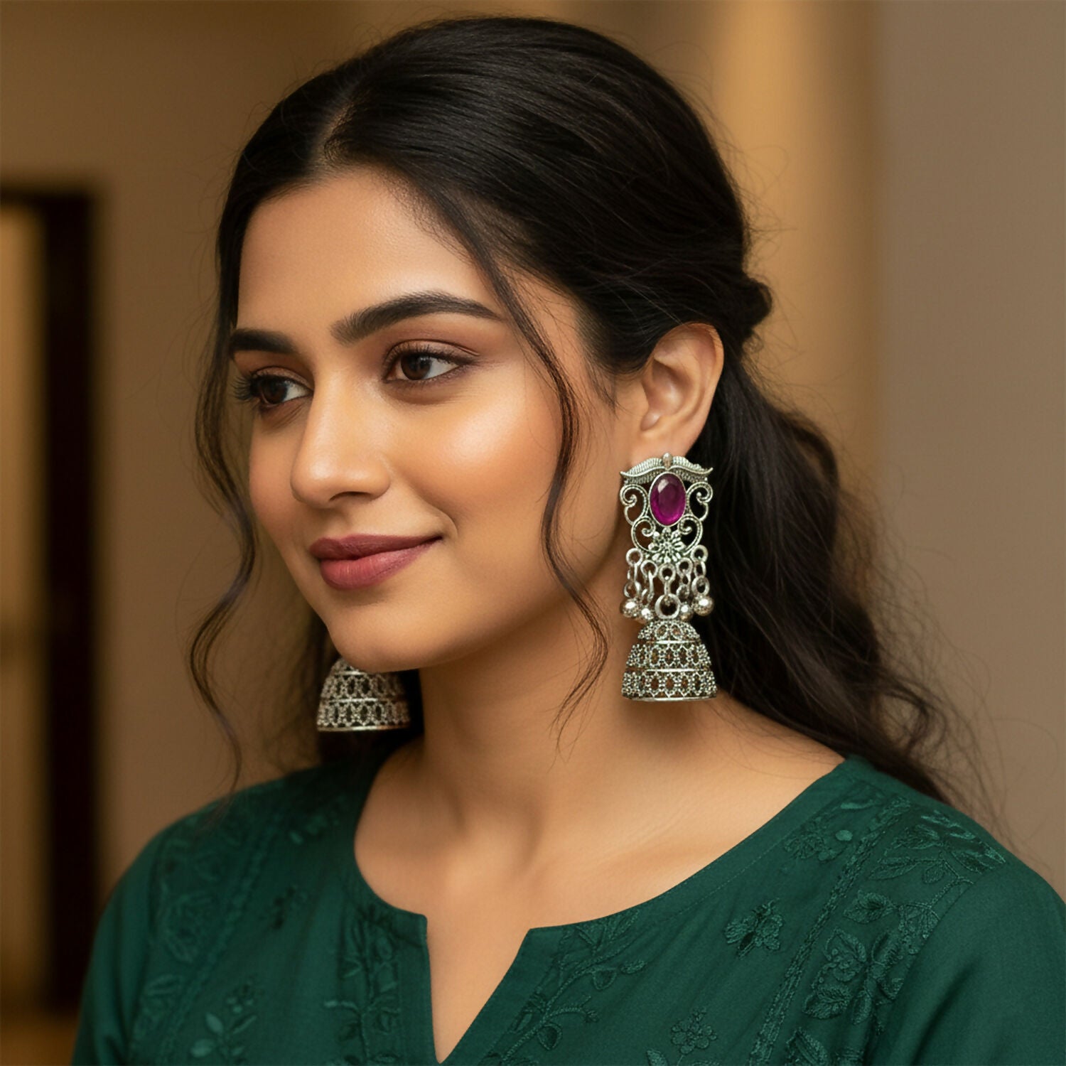 German Silver Jhumka Earrings with Red Monalisa Stones