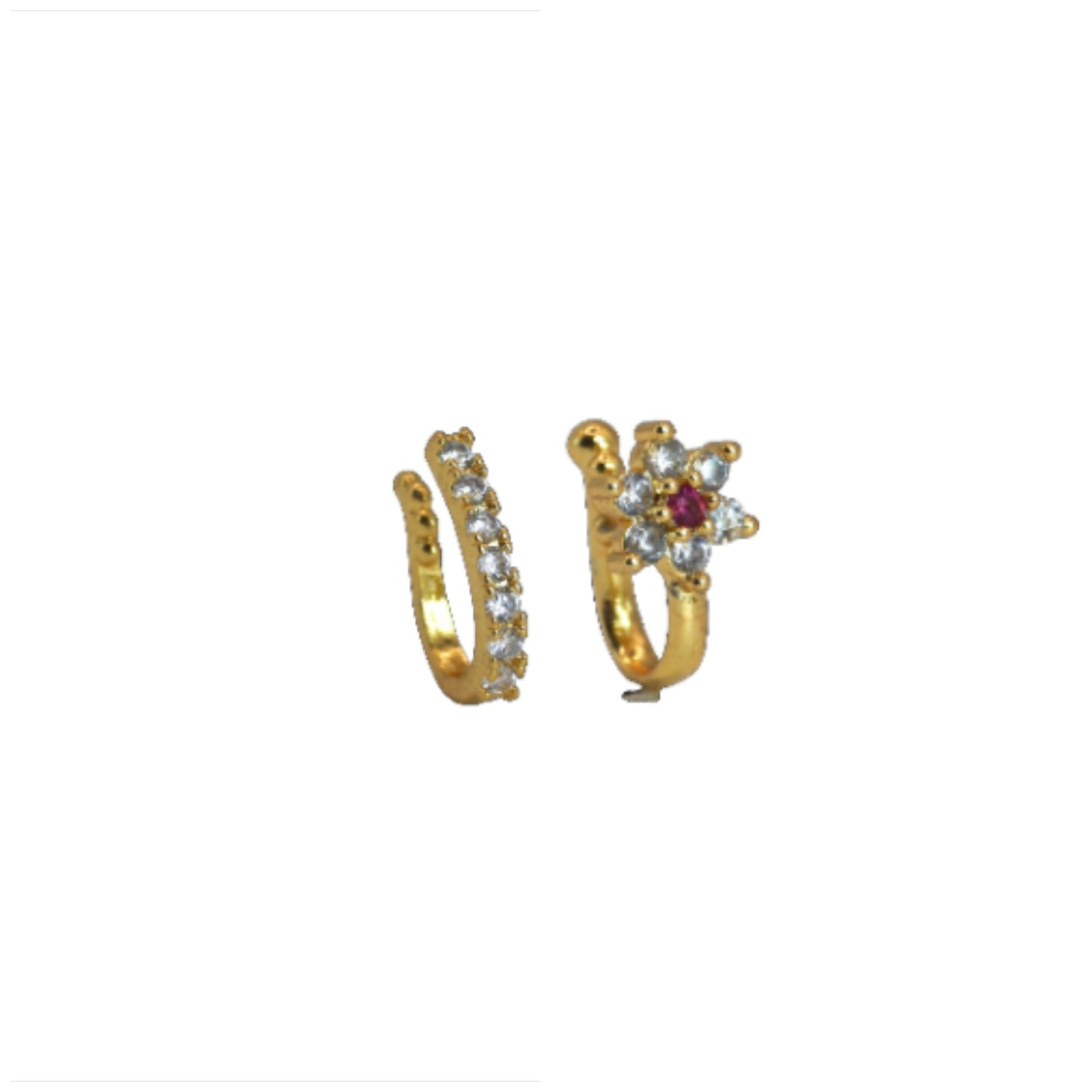 CZ Flower & Line Non-Piercing Nose Ring/Nath Set Combo Pack of 2