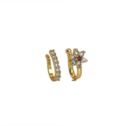CZ Flower & Line Non-Piercing Nose Ring/Nath Set Combo Pack of 2