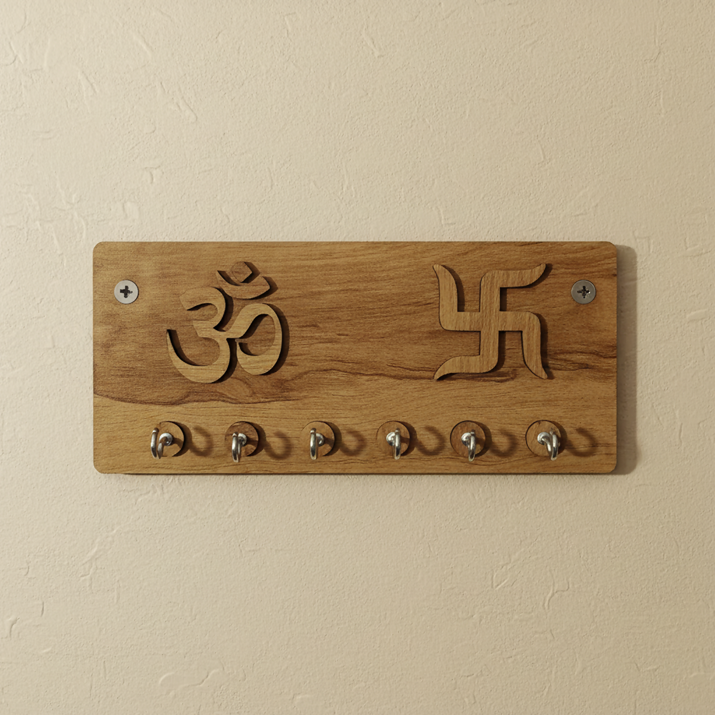 Embossed Om & Swastik Wooden Key Holder for Wall – Premium MDF Wall Key Organizer with 6 Hooks | Auspicious Home Décor