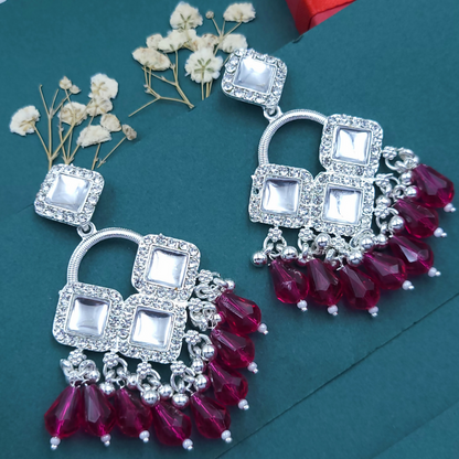 Elegant Silver Plated Chandelier Earrings Featuring Square Crystals and Dark Pink Teardrop Beads