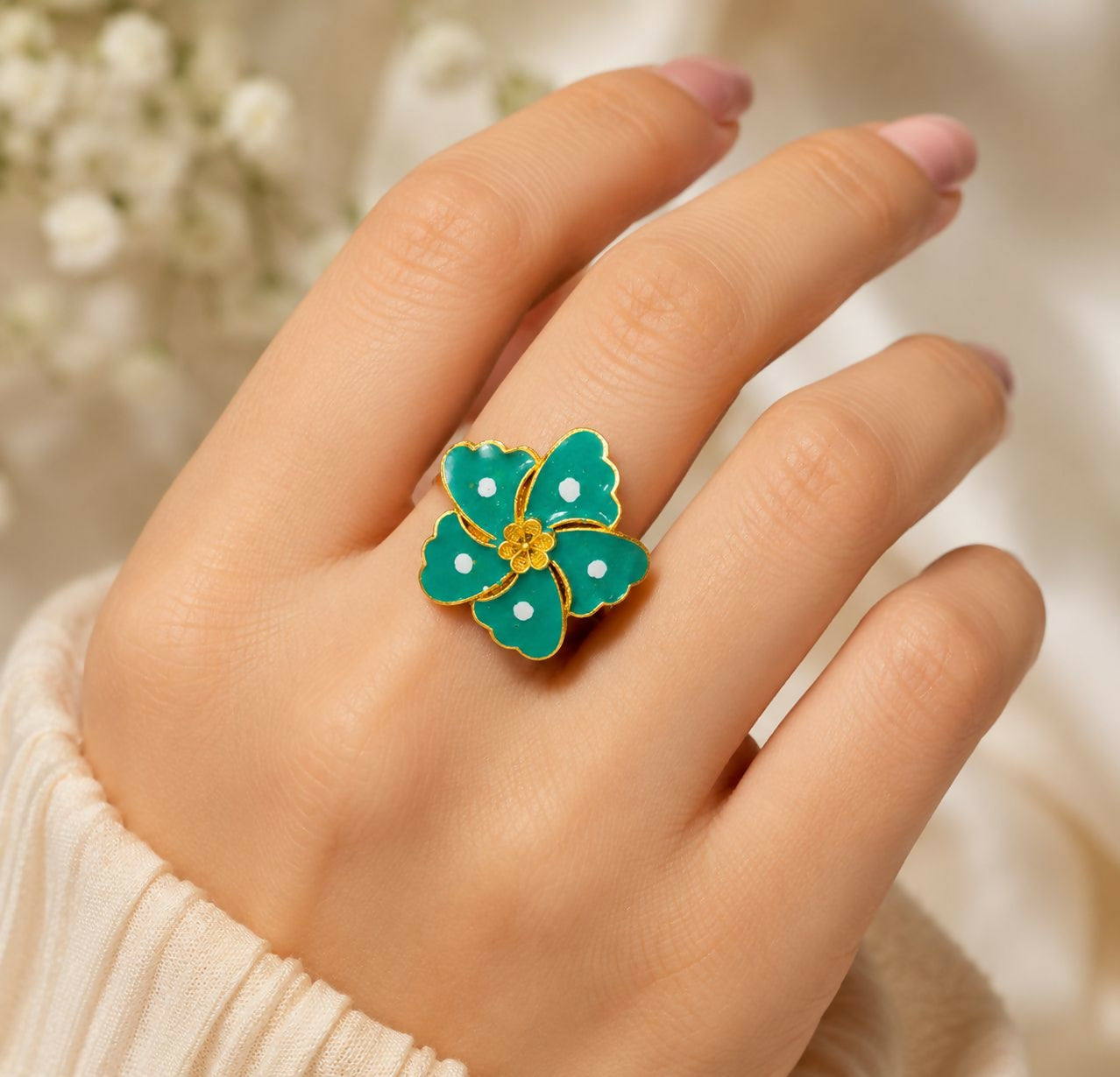 Elegant Teal Floral Statement Ring – Vintage Gold-Tone Design for Women