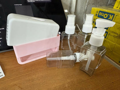 Pink travel refillable bottle kit displayed on white background
