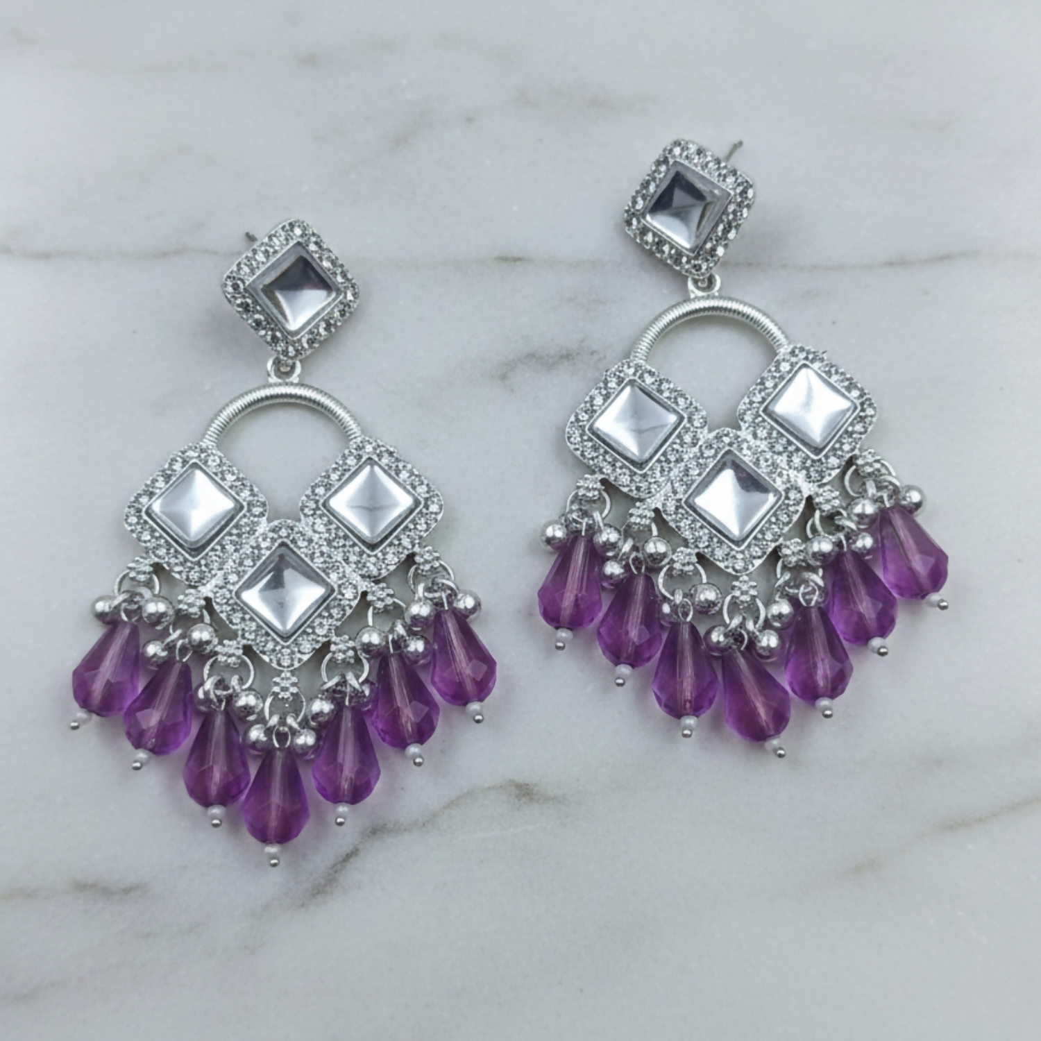 Elegant Silver Plated Chandelier Earrings Featuring Square Crystals and Purple Teardrop Beads