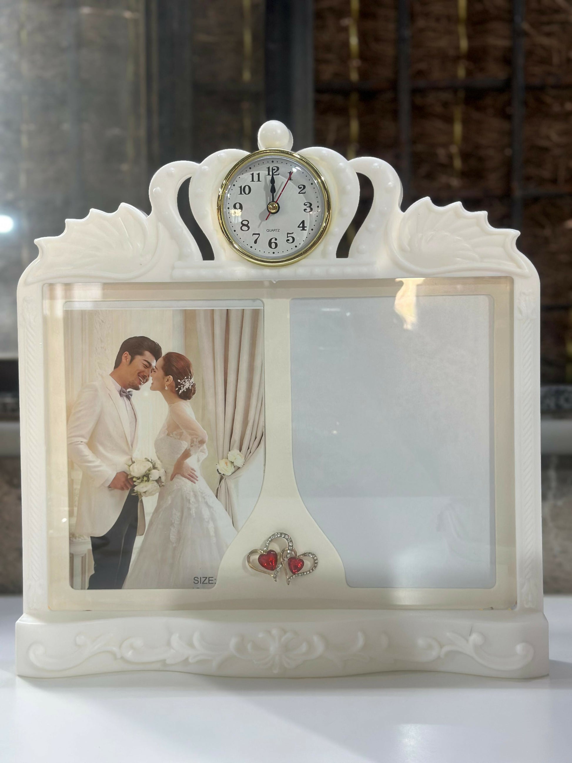 Elegant Dual Photo Frame with Built-in Clock and LED Lights | Wedding Couple Picture Frame with Red Heart Accents | Decorative Romantic Gift for Anniversary, Valentine, or Home Décor Table Display