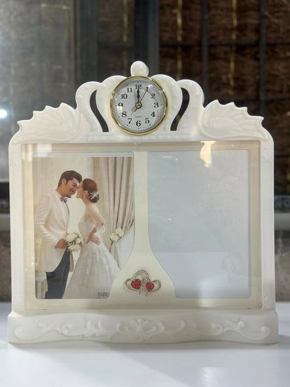Elegant Dual Photo Frame with Built-in Clock and LED Lights | Wedding Couple Picture Frame with Red Heart Accents | Decorative Romantic Gift for Anniversary, Valentine, or Home Décor Table Display