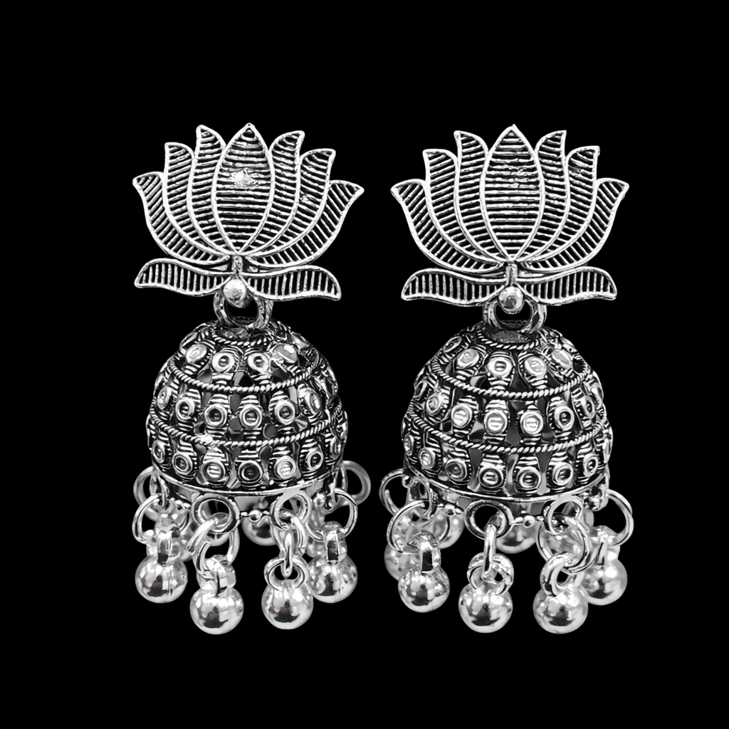 Stunning Pair Oxidised Silver Lotus Jhumka Earrings