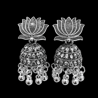 Stunning Pair Oxidised Silver Lotus Jhumka Earrings