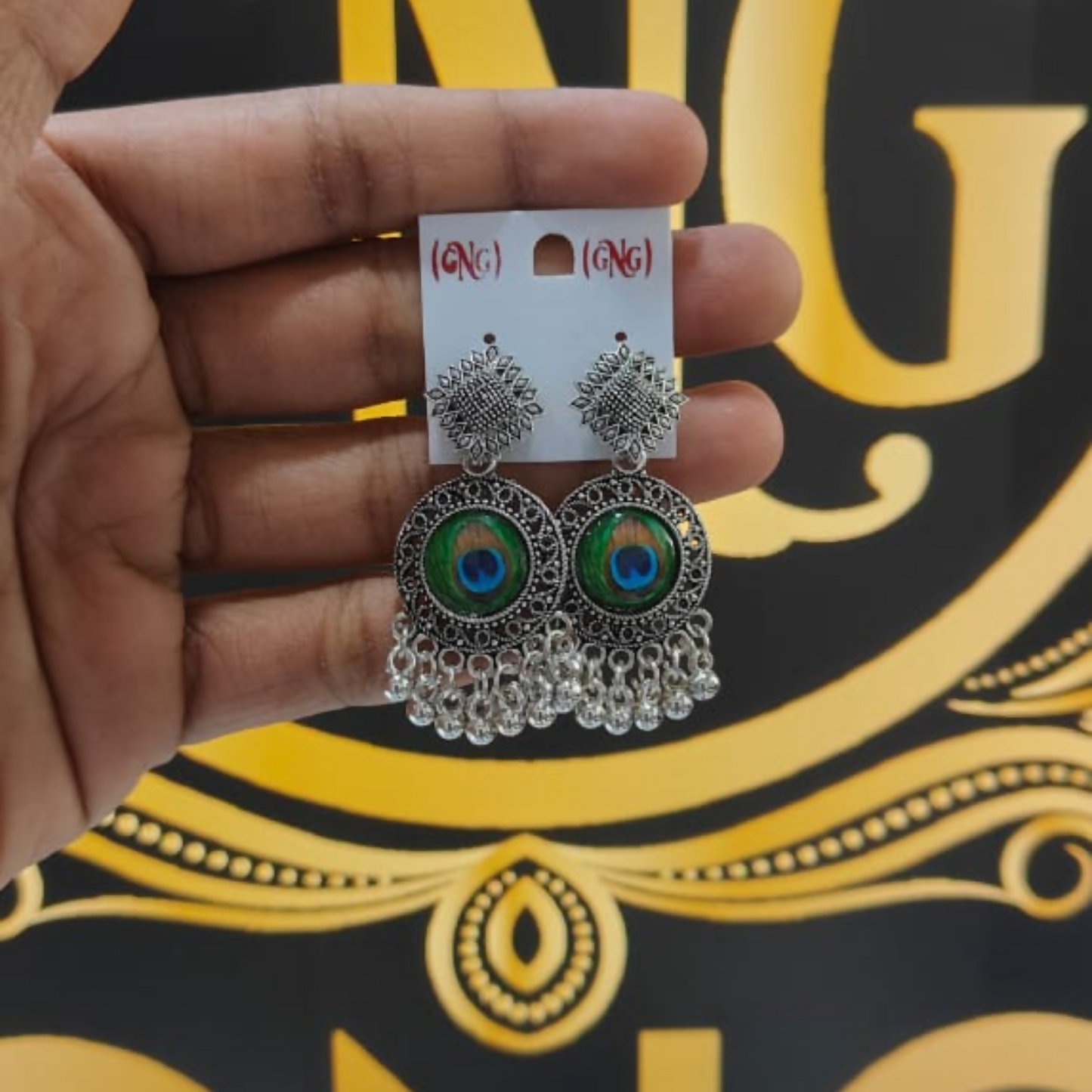 Traditional Oxidised Peacock Feather Jhumka Earings