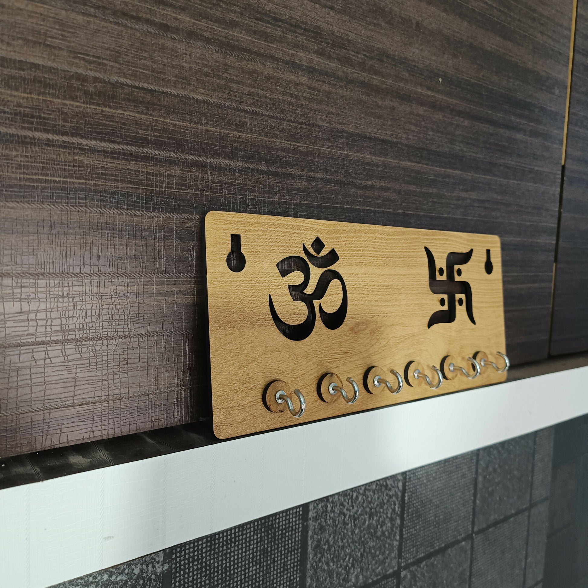 Wooden Key Holder for Wall – Om & Swastik MDF Key Organizer with 6 Hooks | Spiritual Wall Key Stand for Home Décor