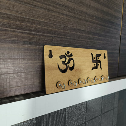 Wooden Key Holder for Wall – Om & Swastik MDF Key Organizer with 6 Hooks | Spiritual Wall Key Stand for Home Décor