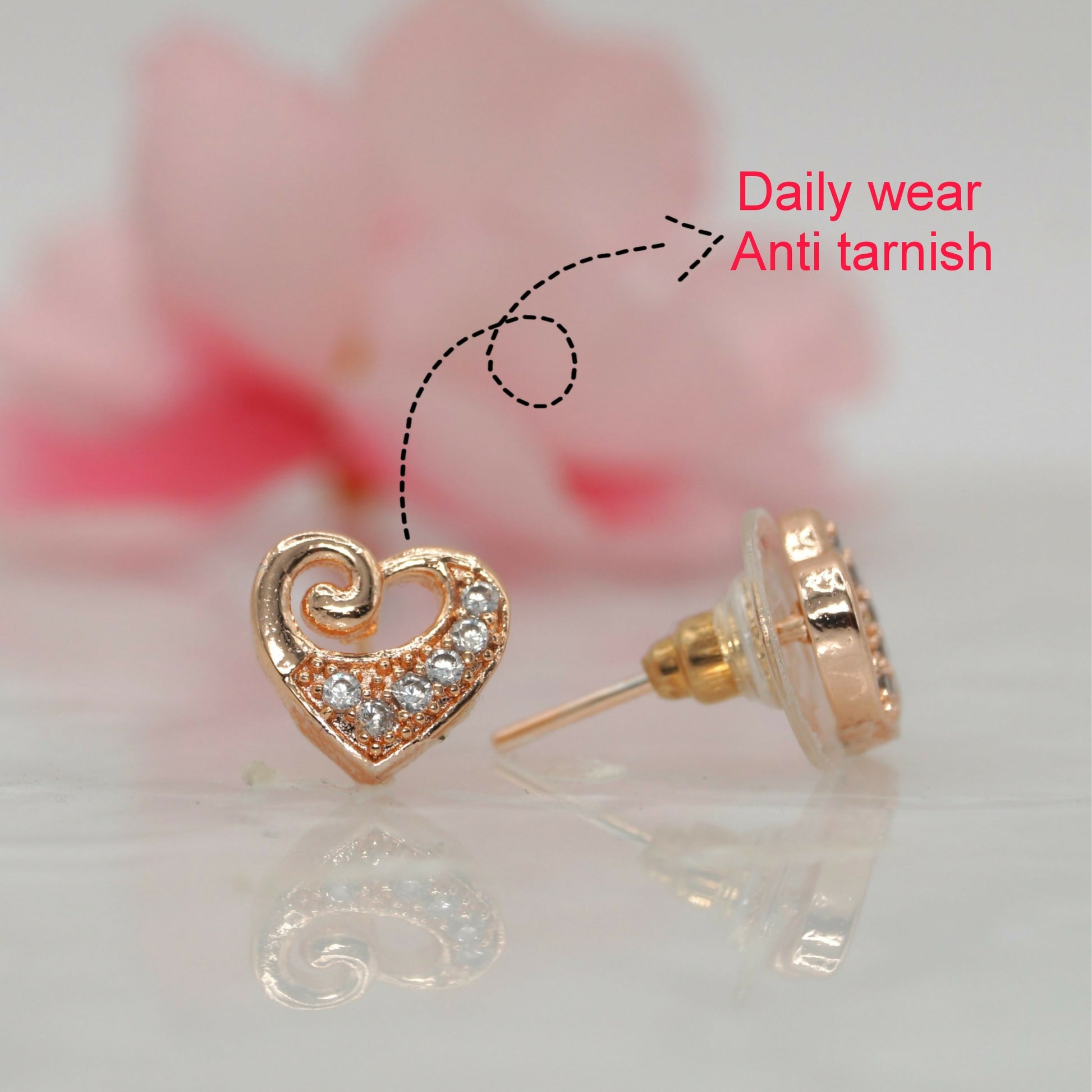 Rose Gold Plated Heart Stud Earrings with AD for women and girls