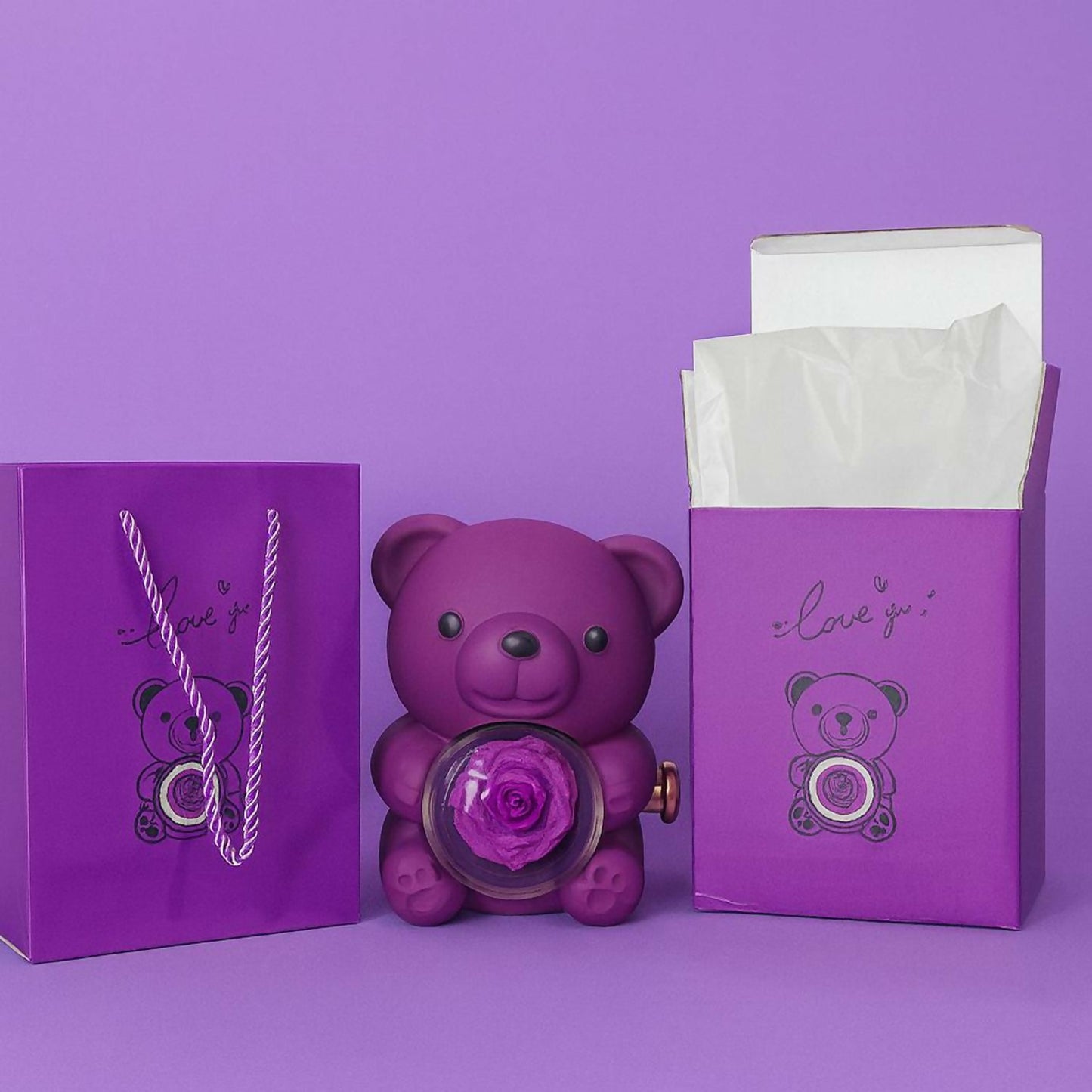 Purple Teddy Bear With Eternal Rose Gift Box | Romantic Love Gift for Her & Couples