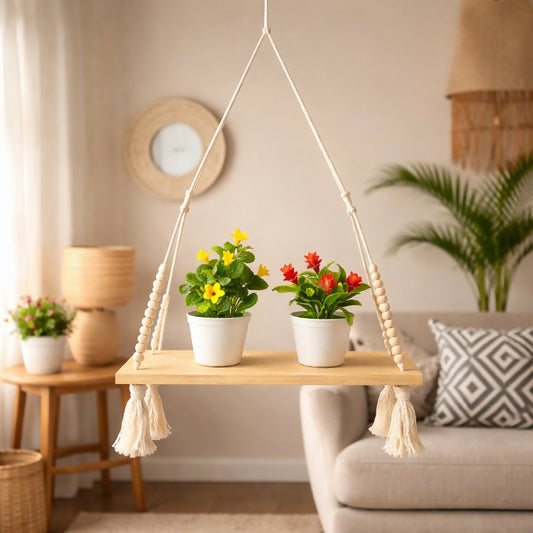 Wooden Hanging Shelf with Rope & Beads Decorative Wall Display Rack