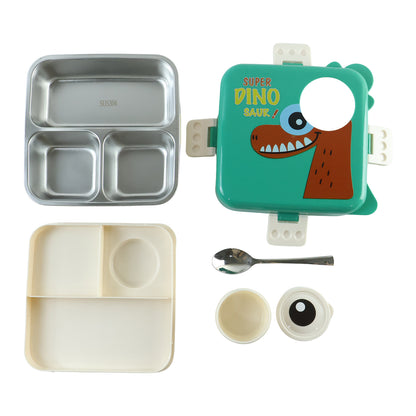 steel Kids Dinosaur Lunch Box Bento Tiffin with Steel Tray Spoon Sauce Cup (1 Set)