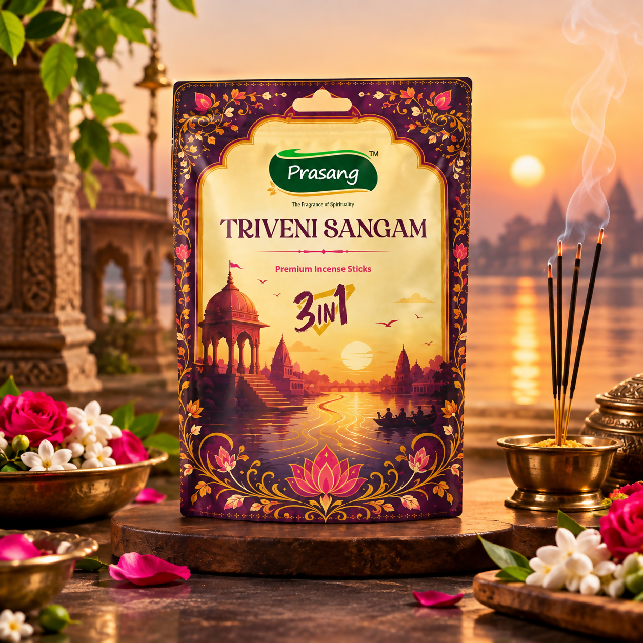 Triveni sangam 3 in 1 Combo Premium Incense Sticks Zipper Pouch for Pu