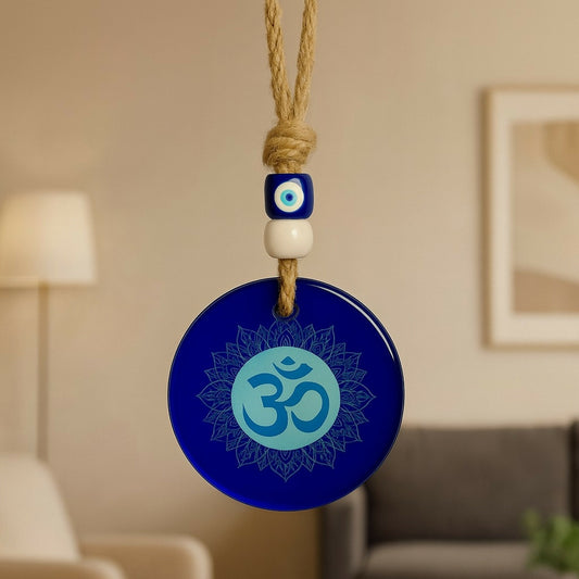 Decorative Blue Glass Wall Hanging with Om Symbol & Evil Eye Beads – Spiritual Protection, Meditation & Positive Energy Décor for Home, Office, Car & Gift Purpose