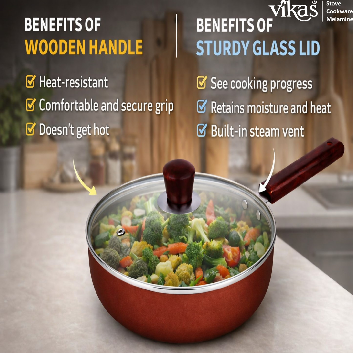 Brown Vikas ceramic frypan with glass lid on stove