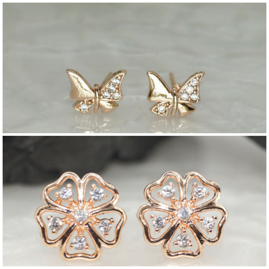 Rose Gold Plated Butterfly & Flower Stud Earrings Set for women and girls Combo Pack of 2