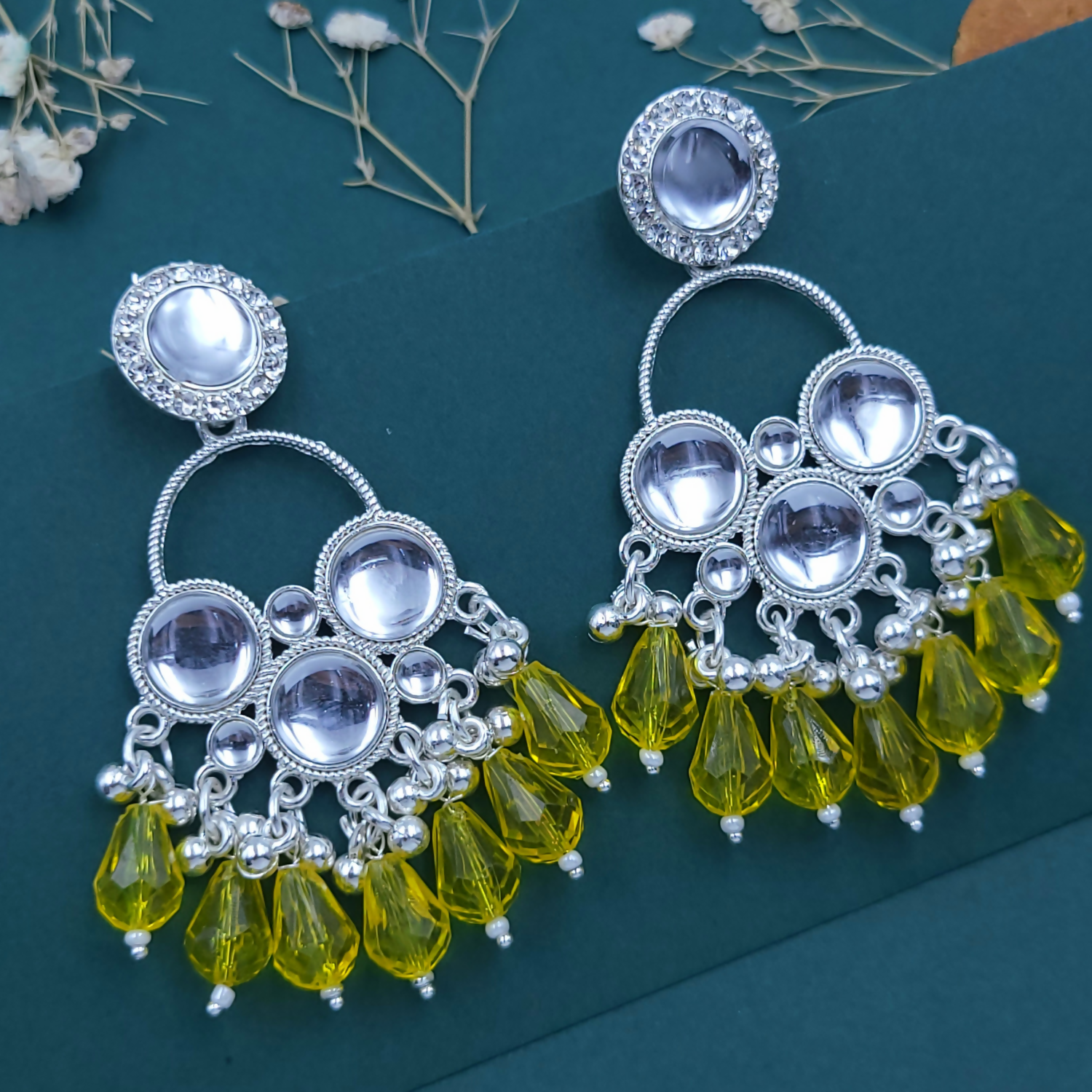 Kundan Yellow Pearl Silver Plated Chandbali Earrings Agate Alloy Chandbali Earring