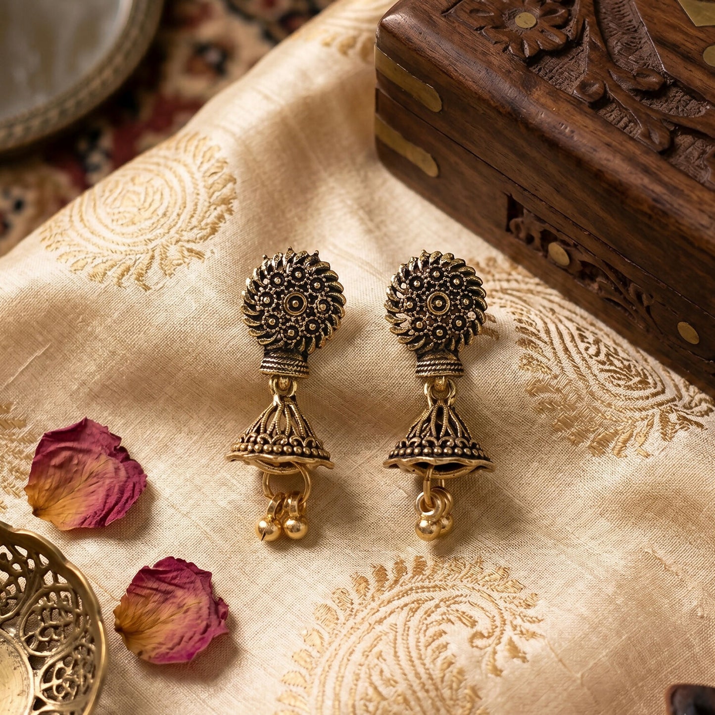 Ethnic oxidised jhumka earrings with hanging beads - pair 4