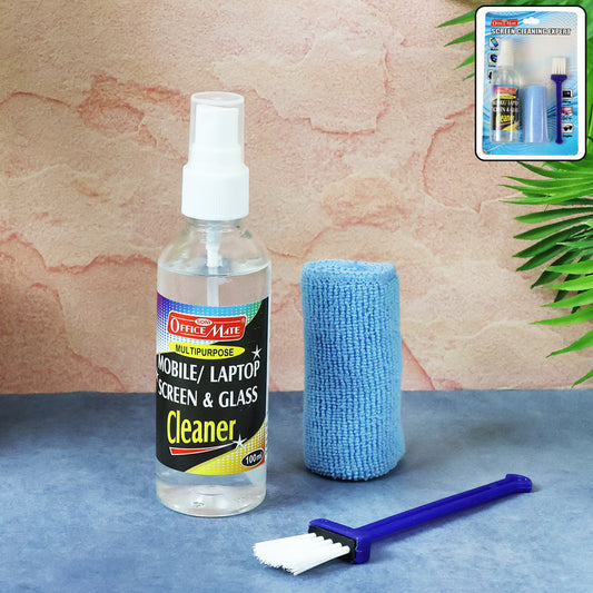 OfficeMate Screen Cleaning Expert 3-in-1 Kit – Screen Cleaner Spray, Microfiber Cloth & Brush for Mobile, Laptop & TV