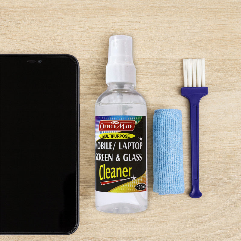 OfficeMate Screen Cleaning Expert 3-in-1 Kit – Screen Cleaner Spray, Microfiber Cloth & Brush for Mobile, Laptop & TV