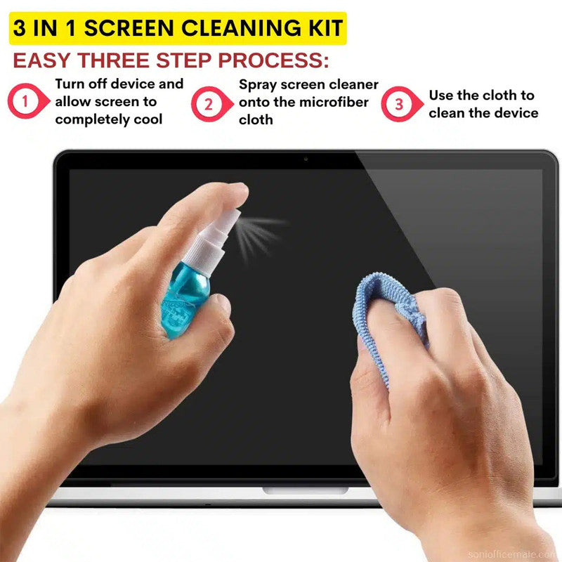 OfficeMate Screen Cleaning Expert 3-in-1 Kit – Screen Cleaner Spray, Microfiber Cloth & Brush for Mobile, Laptop & TV
