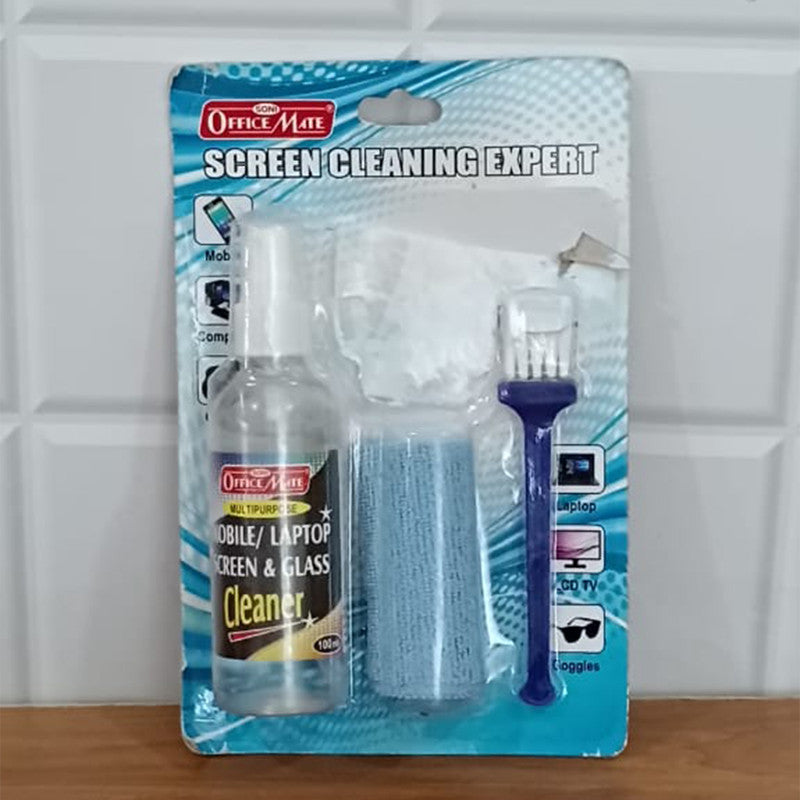 OfficeMate Screen Cleaning Expert 3-in-1 Kit – Screen Cleaner Spray, Microfiber Cloth & Brush for Mobile, Laptop & TV