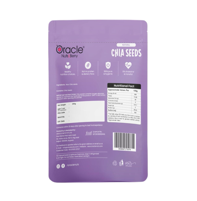 Oracle Natural Premium Chia Seeds 250gm – Rich in Fiber, Protein & Omega-3, Superfood for Weight Management, Smoothies & Healthy Lifestyle