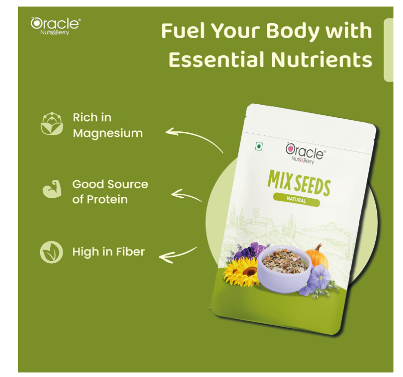 Oracle Natural Premium Mix Seeds 250gm – Healthy Superfood Blend of Pumpkin, Sunflower, Flax, Watermelon & Chia Seeds – Rich in Fiber, Protein & Omega-3