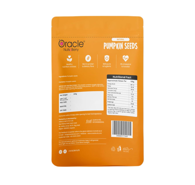Oracle Natural Premium Pumpkin Seeds 250gm – Rich in Magnesium, Protein & Fiber – Healthy Superfood Snack for Digestion, Energy & Weight Management