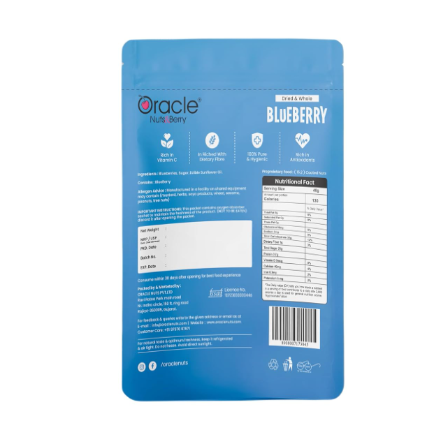 Oracle Premium Dried Whole Blueberries 250gm – Rich in Antioxidants, Vitamin C & Fiber – Healthy Superfood Snack for Immunity, Energy & Baking