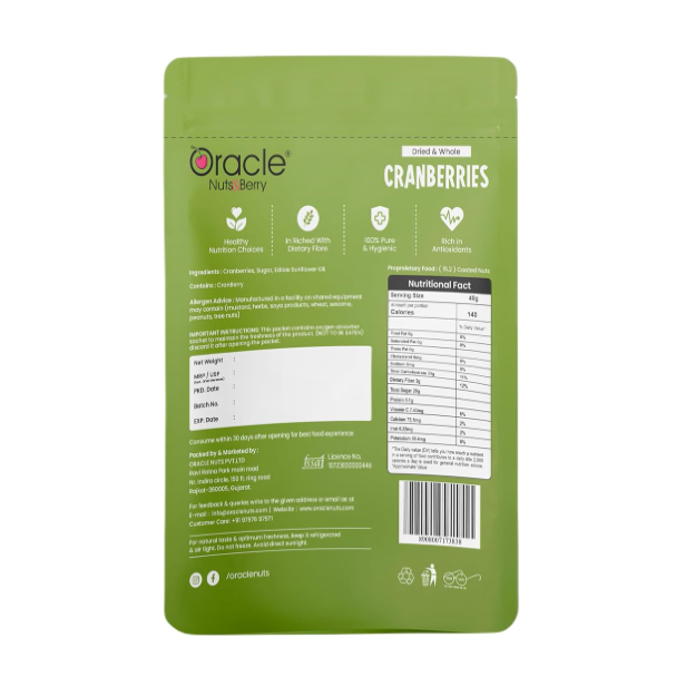 Oracle Premium Roasted Salted Cranberries 250 gm Naturally Tangy Superfruit