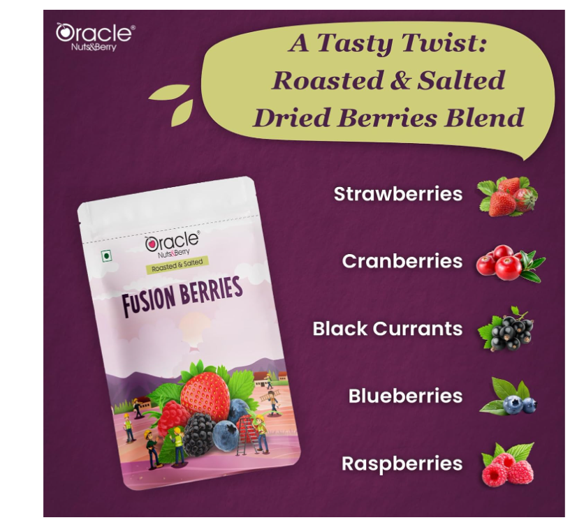 Oracle Nuts & Berry Fusion Berries Roasted & Salted 250gm – Mix of Strawberries, Cranberries, Black Currants, Blueberries & Raspberries – Healthy Dried Fruit Snack