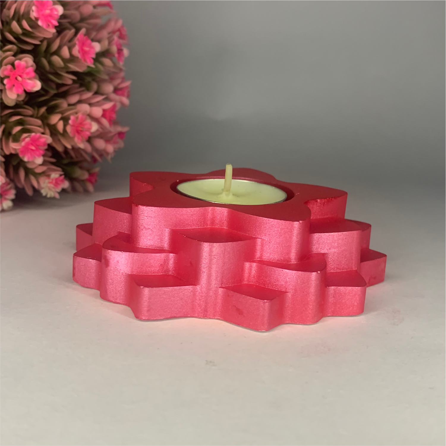 Handmade Flower 4-Step Diya – Metallic Pink | Layered Tealight Holder for Diwali, Pooja & Home Décor | Unique Festival Gift Item