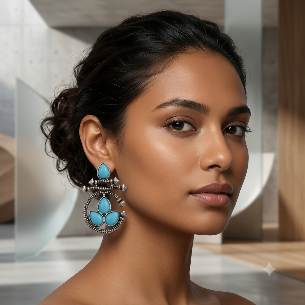 Close-up of oxidized silver earrings with turquoise stones