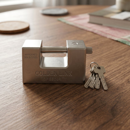 Side angle of hardened steel padlock
