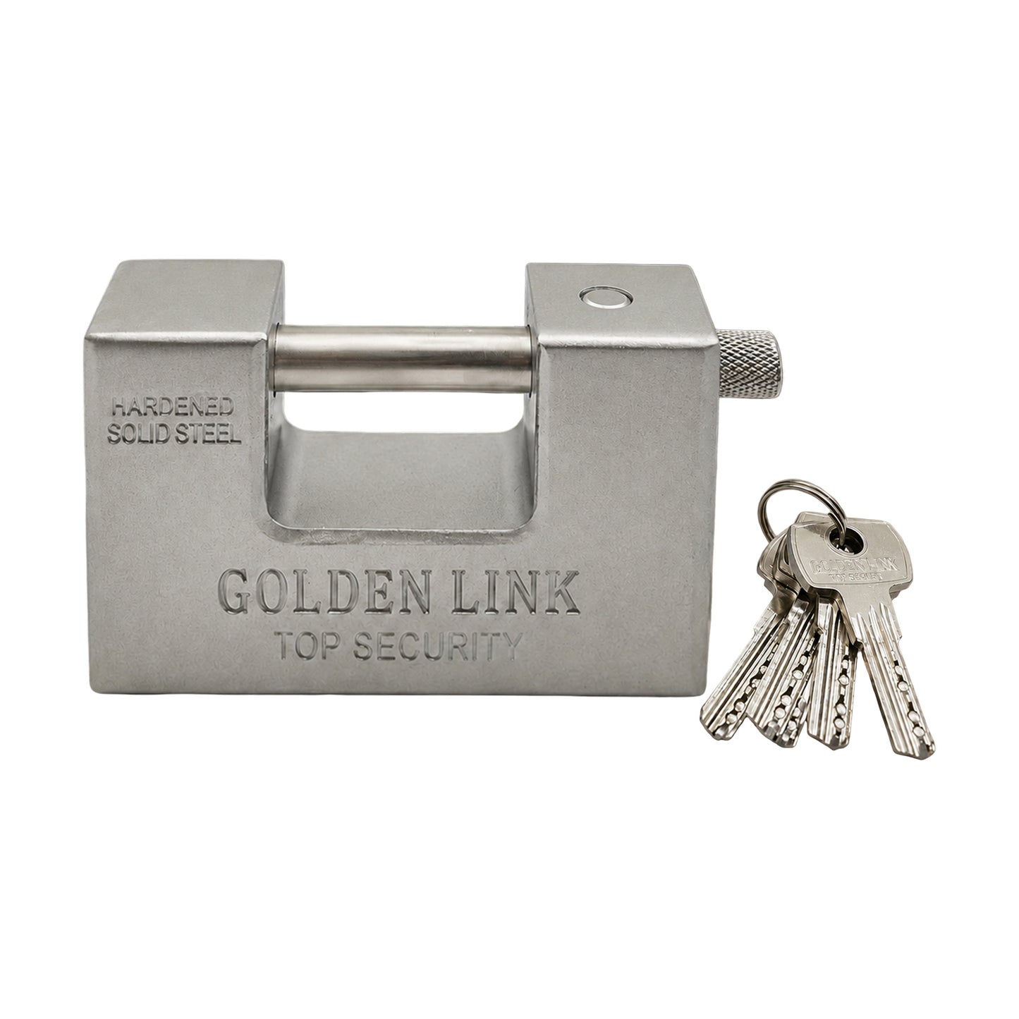 Key inserted into stainless steel padlock