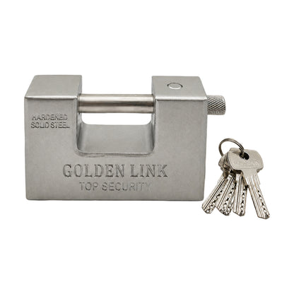 Key inserted into stainless steel padlock
