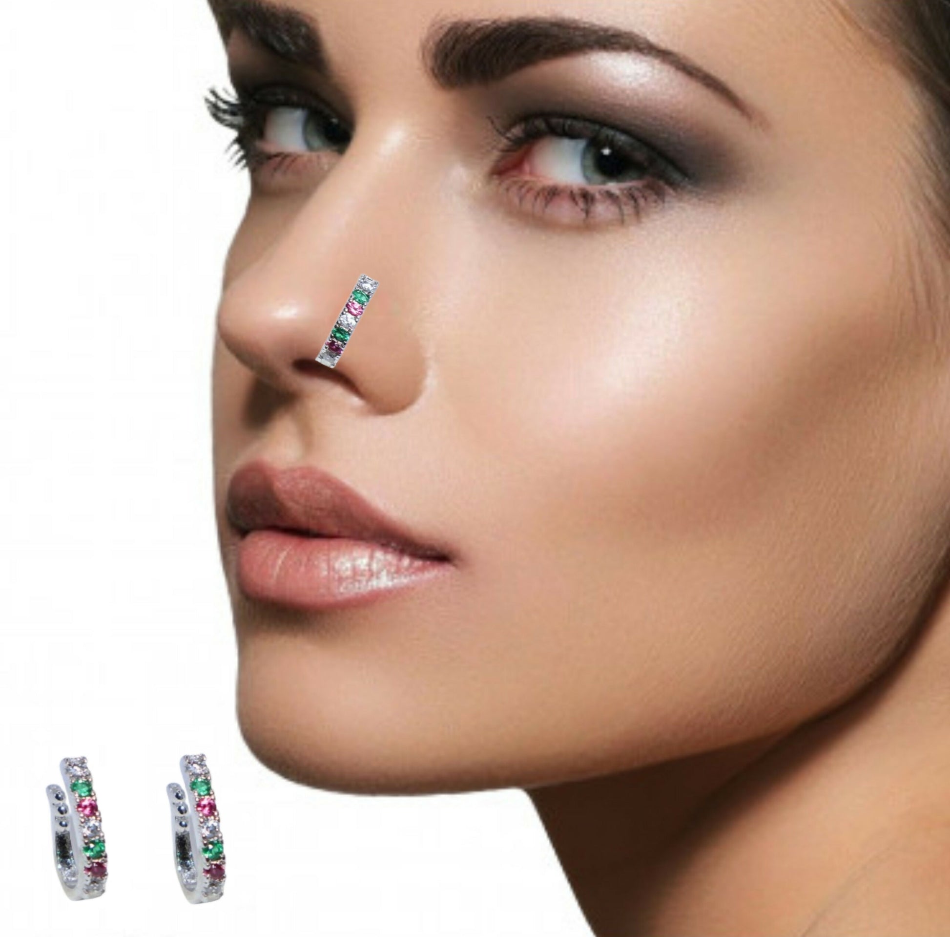 Silver Multicolor Stone Vertical Clip-On Nosepin for Women Combo Pack of 2