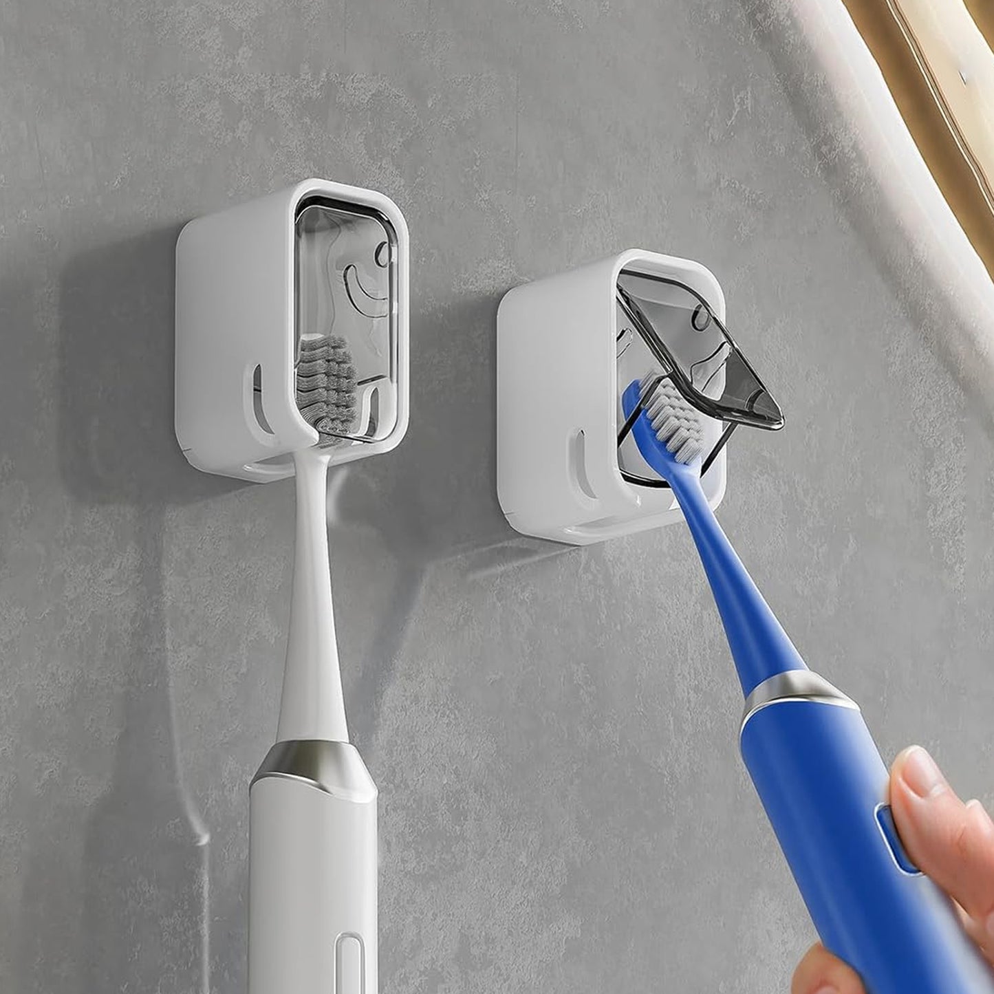 Close-up of open slot for water drainage on toothbrush holder